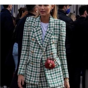 Zara Green Tweed Plaid Matching Blazer Skirt Set Size M NWT